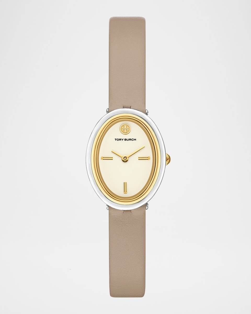 Oval Two-Tone Stainless Steel Gray Leather Watch