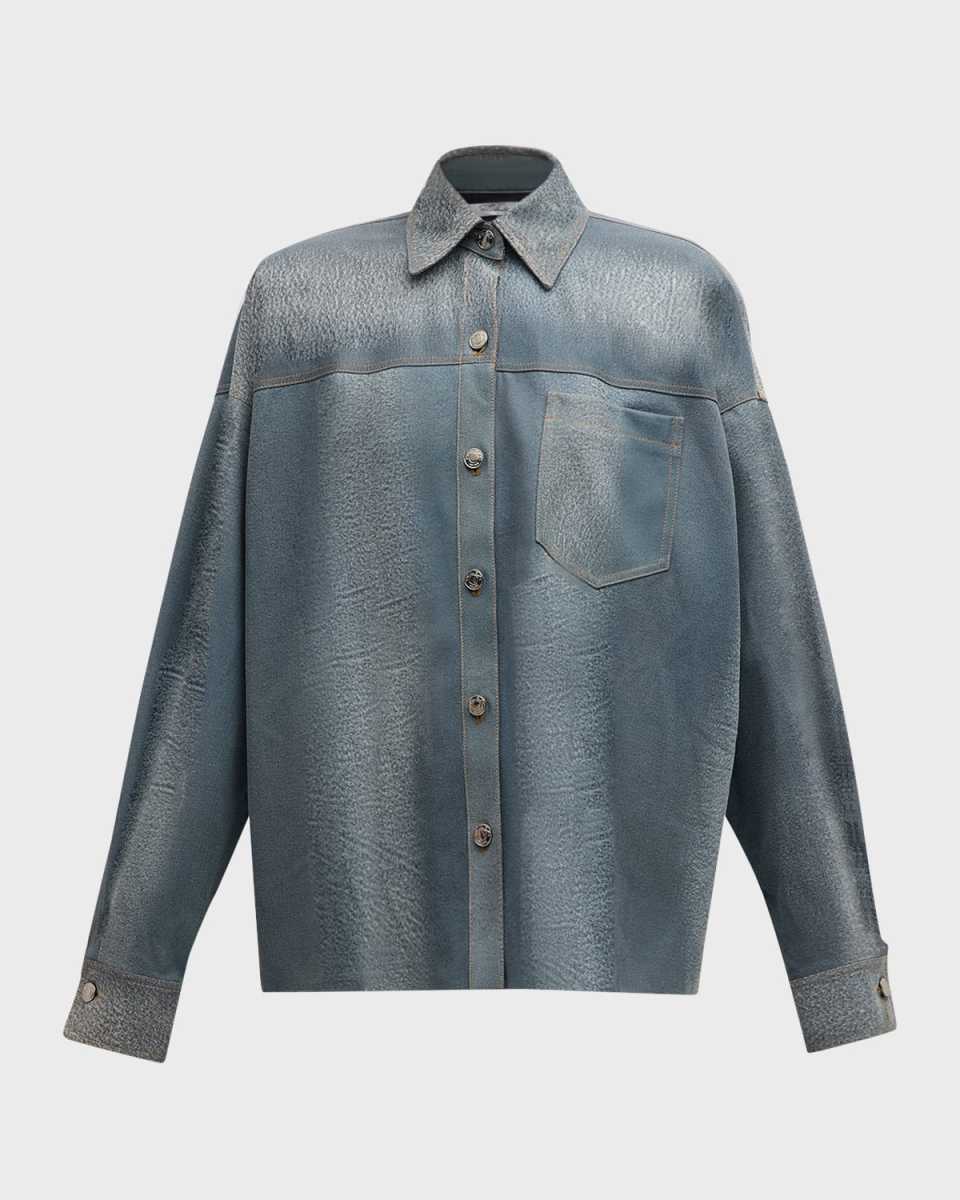 Denim-Printed Leather Oversized Button-Down Shirt