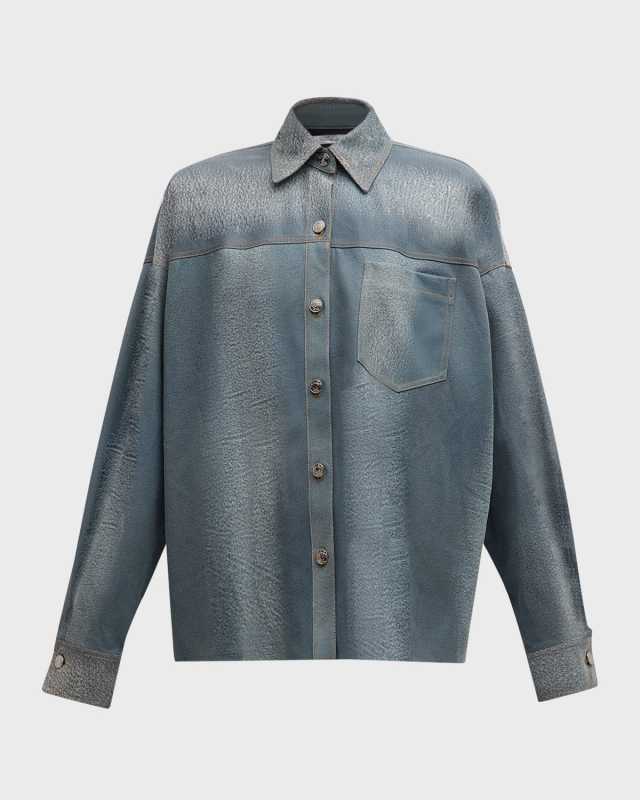Denim-Printed Leather Oversized Button-Down Shirt
