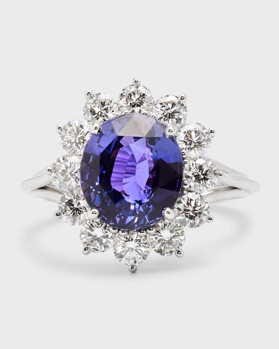 Estate Platinum Purple Sapphire Oval and Diamond Halo Ring, Size 6.75