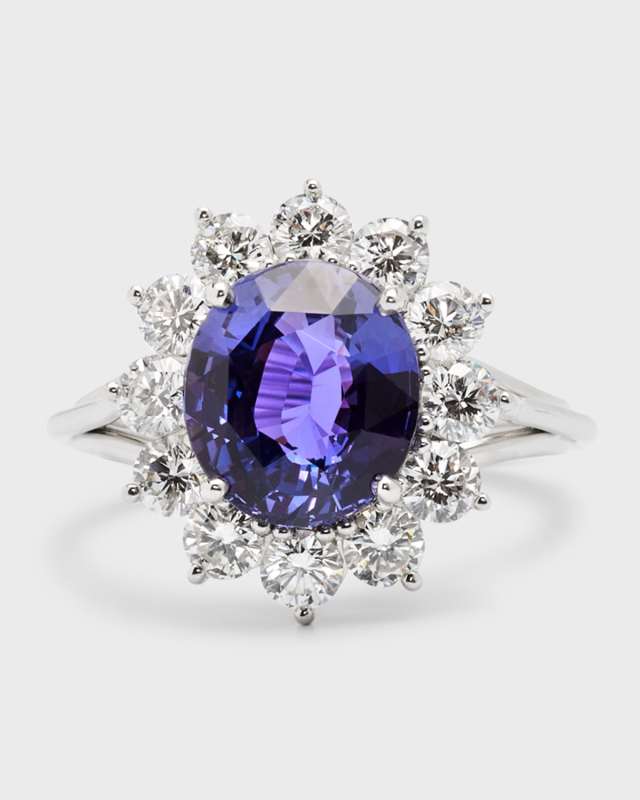 Estate Platinum Purple Sapphire Oval and Diamond Halo Ring, Size 6.75