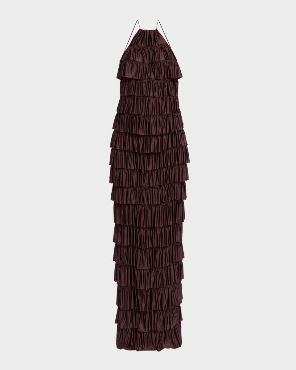 Tiered Ruffle Jersey Halter Gown