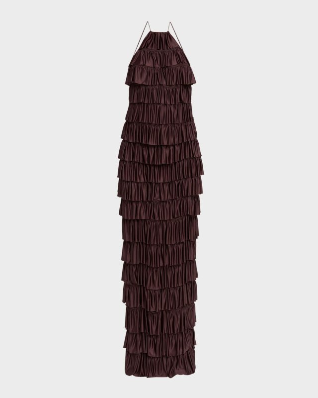Tiered Ruffle Jersey Halter Gown
