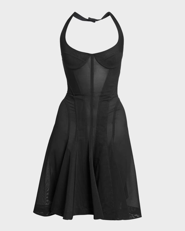 Paneled Mesh Halter Corset Mini Dress