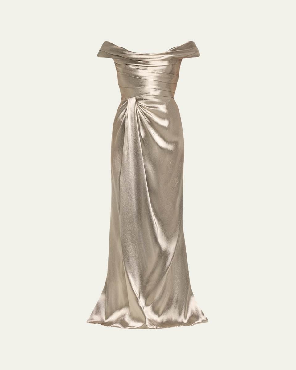 Off-Shoulder Hand Draped Metallic Gown with Slit