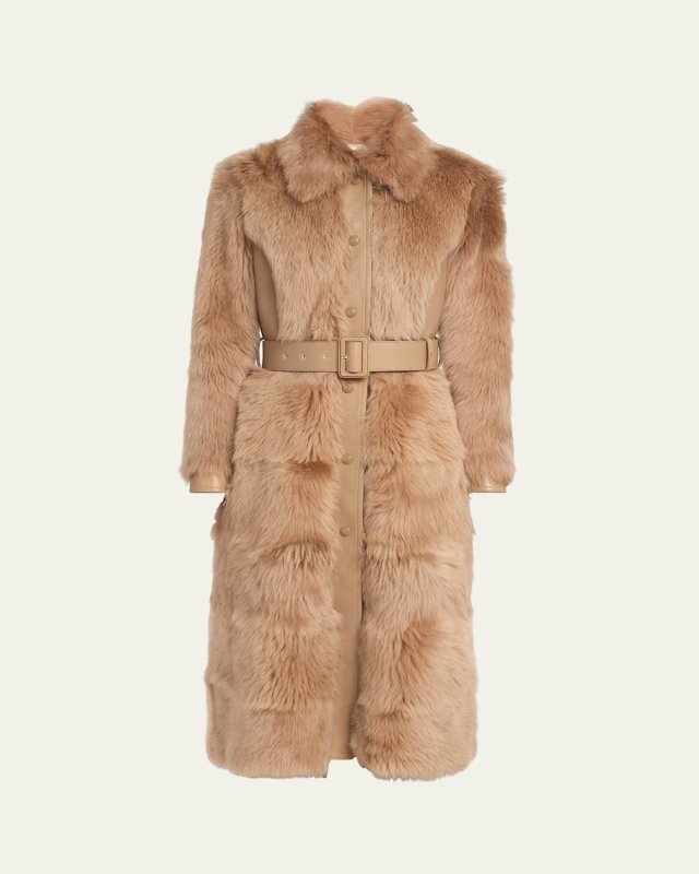 Shearling Collared Leather Belted Coat