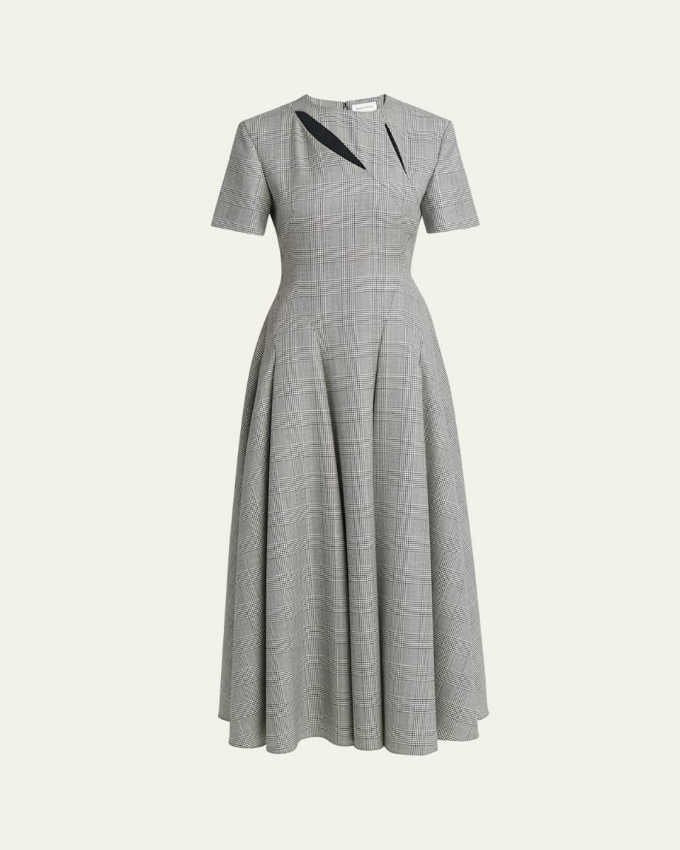Prince of Wales Slashed Long Wool Flare Dress