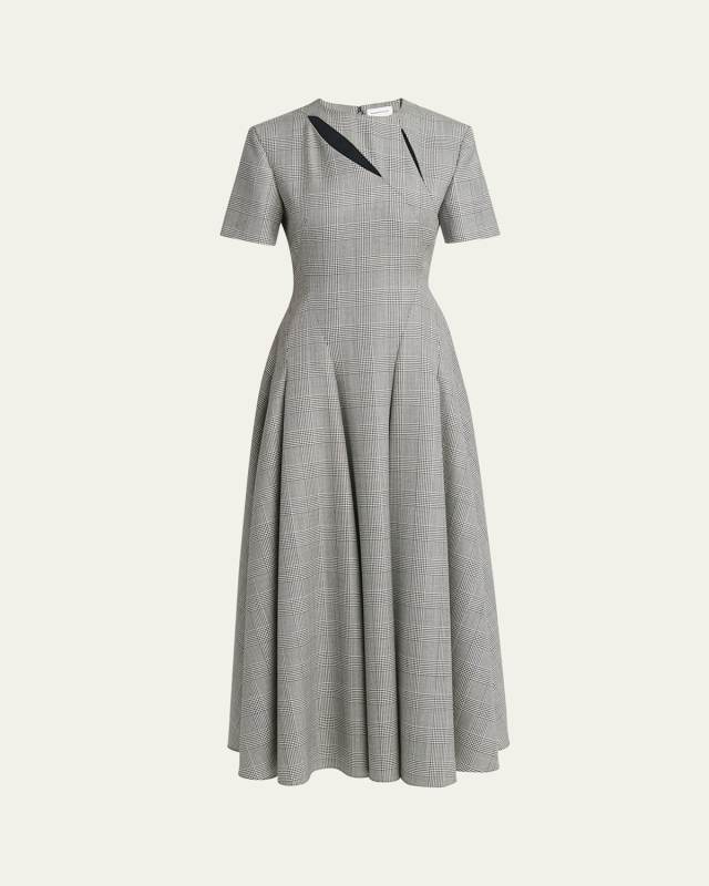 Prince of Wales Slashed Long Wool Flare Dress