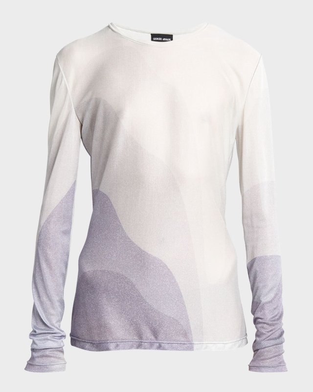 Wave-Print Long-Sleeve Metallic Silk Jersey Knit Top