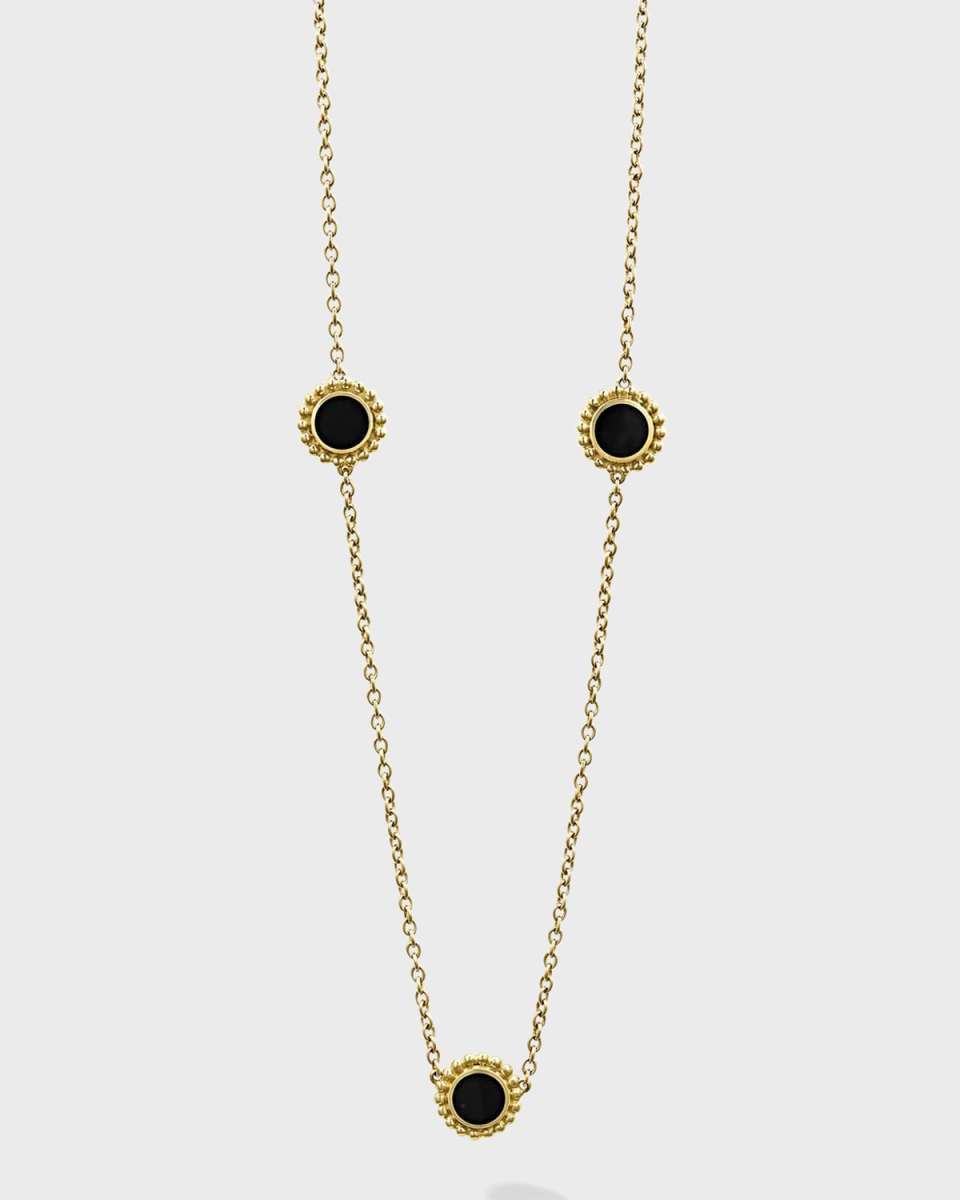 18k Covet Onyx 7mm Round 3-Station Necklace, 16-18"L