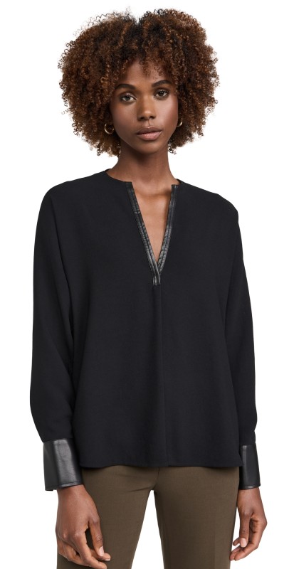 Vince Leather Trim Dolman Sleeve Blouse Black