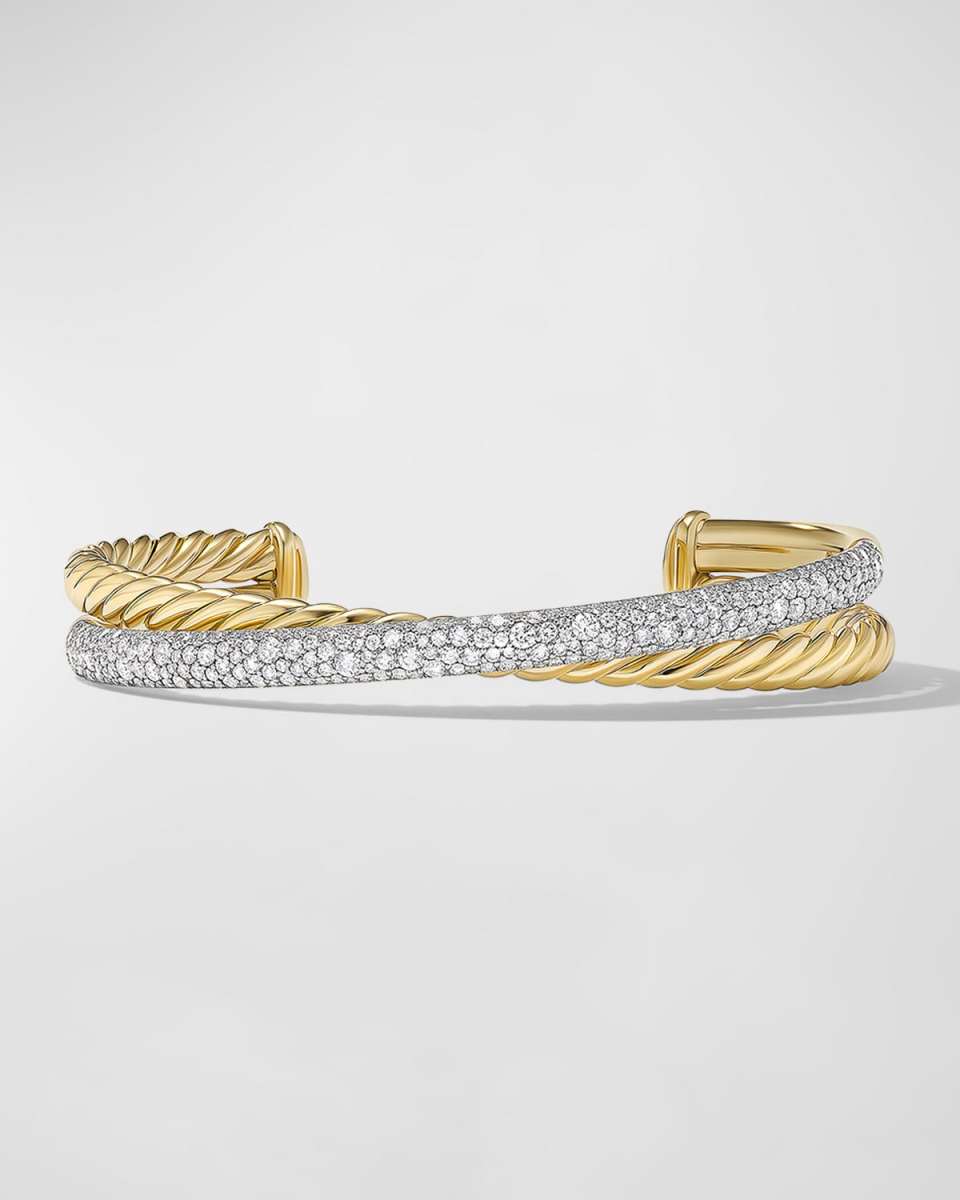 Pave Crossover Two Row Cuff Bracelet with Diamonds in 18K Gold, 10.5