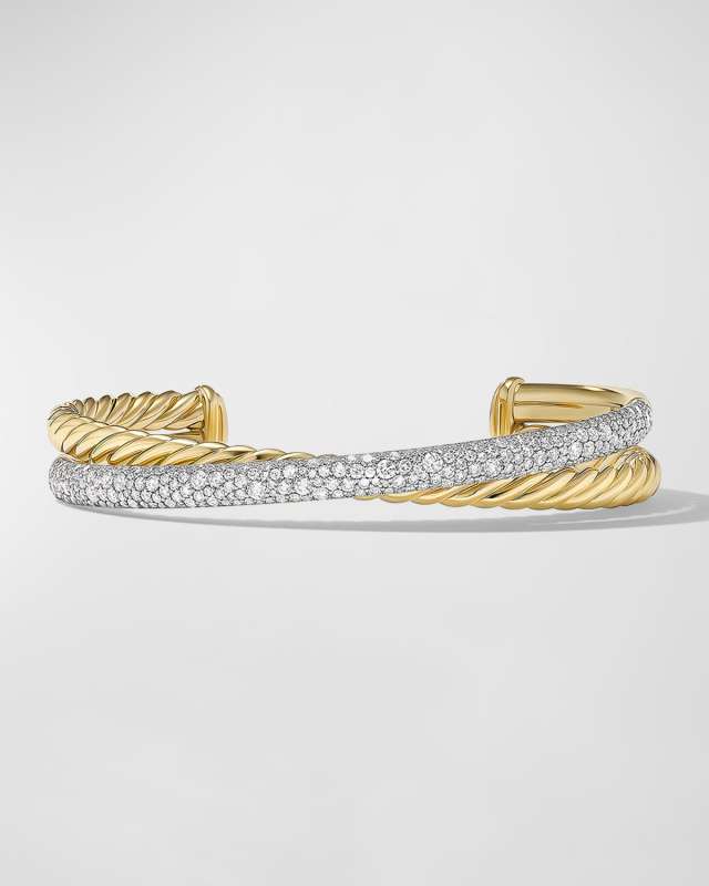 Pave Crossover Two Row Cuff Bracelet with Diamonds in 18K Gold, 10.5