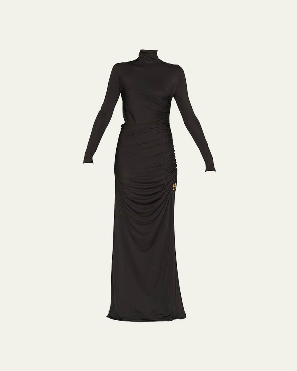 Ruched High-Neck Jersey Gown with Knot Detail
