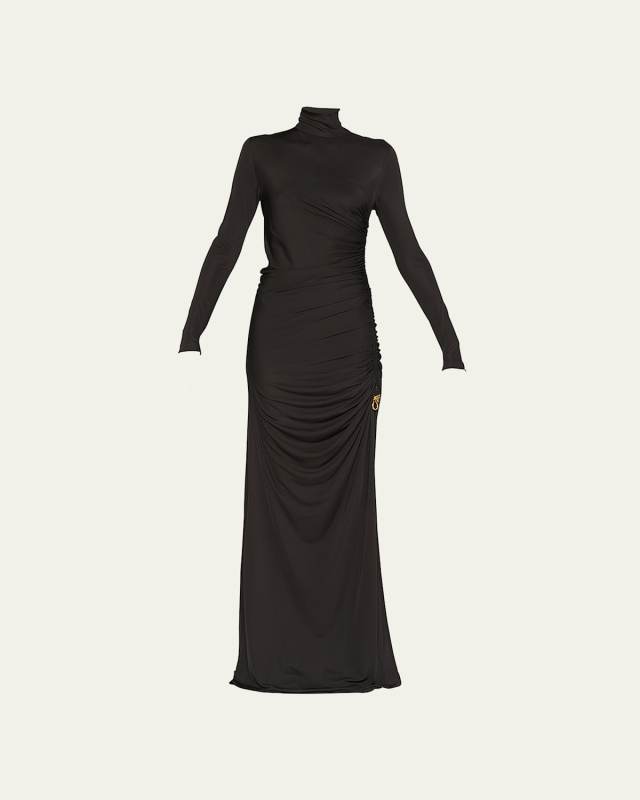 Ruched High-Neck Jersey Gown with Knot Detail
