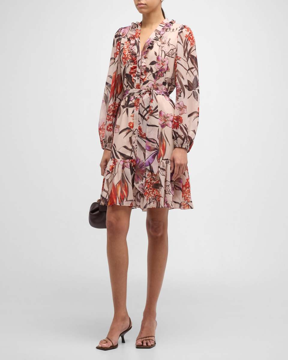 Samara Floral-Print Ruffle Satin Midi Dress