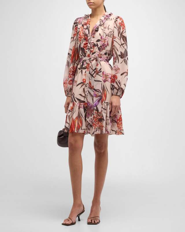 Samara Floral-Print Ruffle Satin Midi Dress