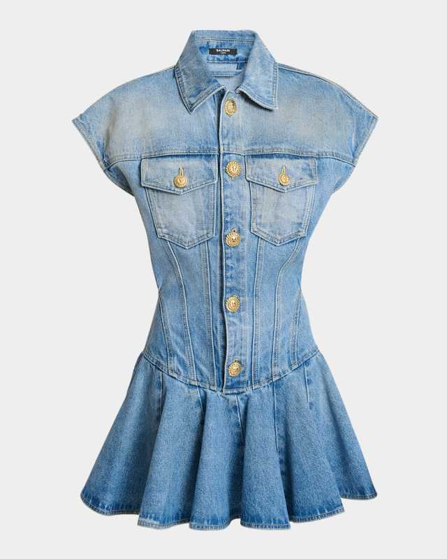 Short-Sleeve Denim Flare Mini Dress