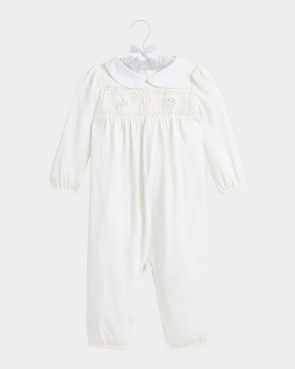 Girl's Smocked Snowflake Embroidered Coverall, Size 3M-12