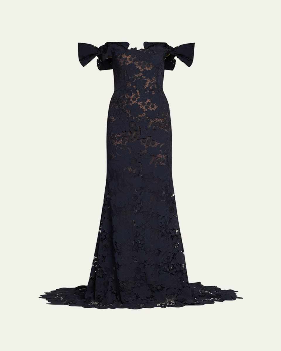 Botanical Guipure Bow Off-The-Shoulder Trumpet Gown