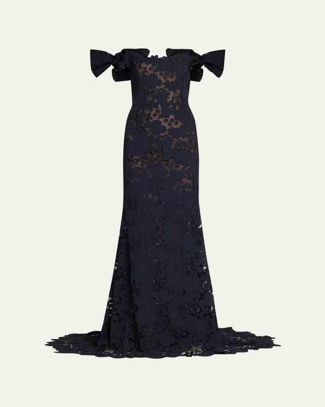 Botanical Guipure Bow Off-The-Shoulder Trumpet Gown