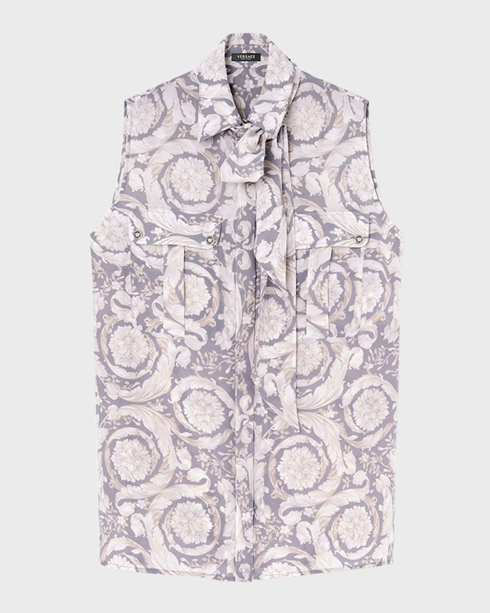 Baroque-Print Neck-Tie Sleeveless Crepe De Chine Informal Shirt