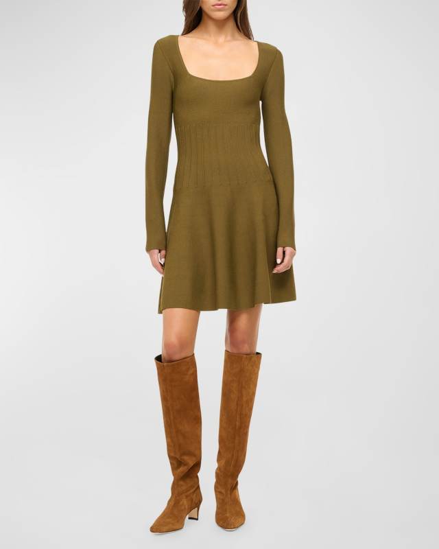 Deora Square-Neck Long-Sleeve Knit Mini Dress