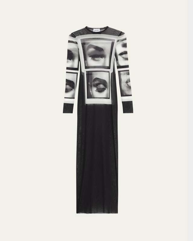 Eyes and Lips Printed Mesh Maxi Dress