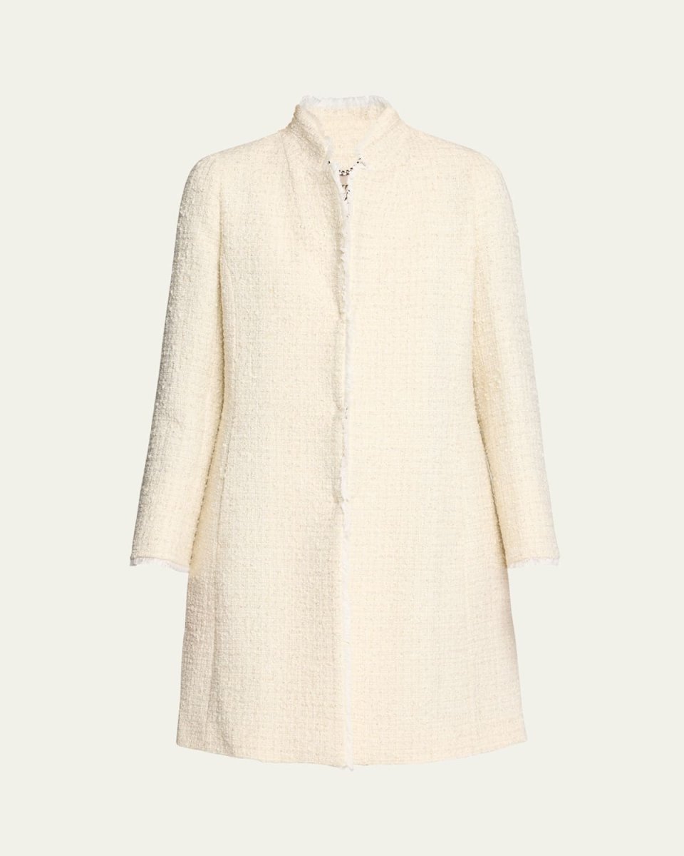 Fringe-Trim Metallic Tweed Coat