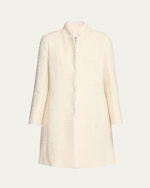 Fringe-Trim Metallic Tweed Coat