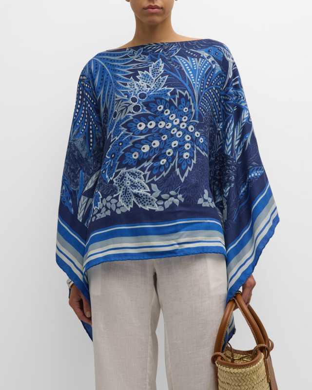 Amazonia Navy Print Cashmere-Blend Poncho