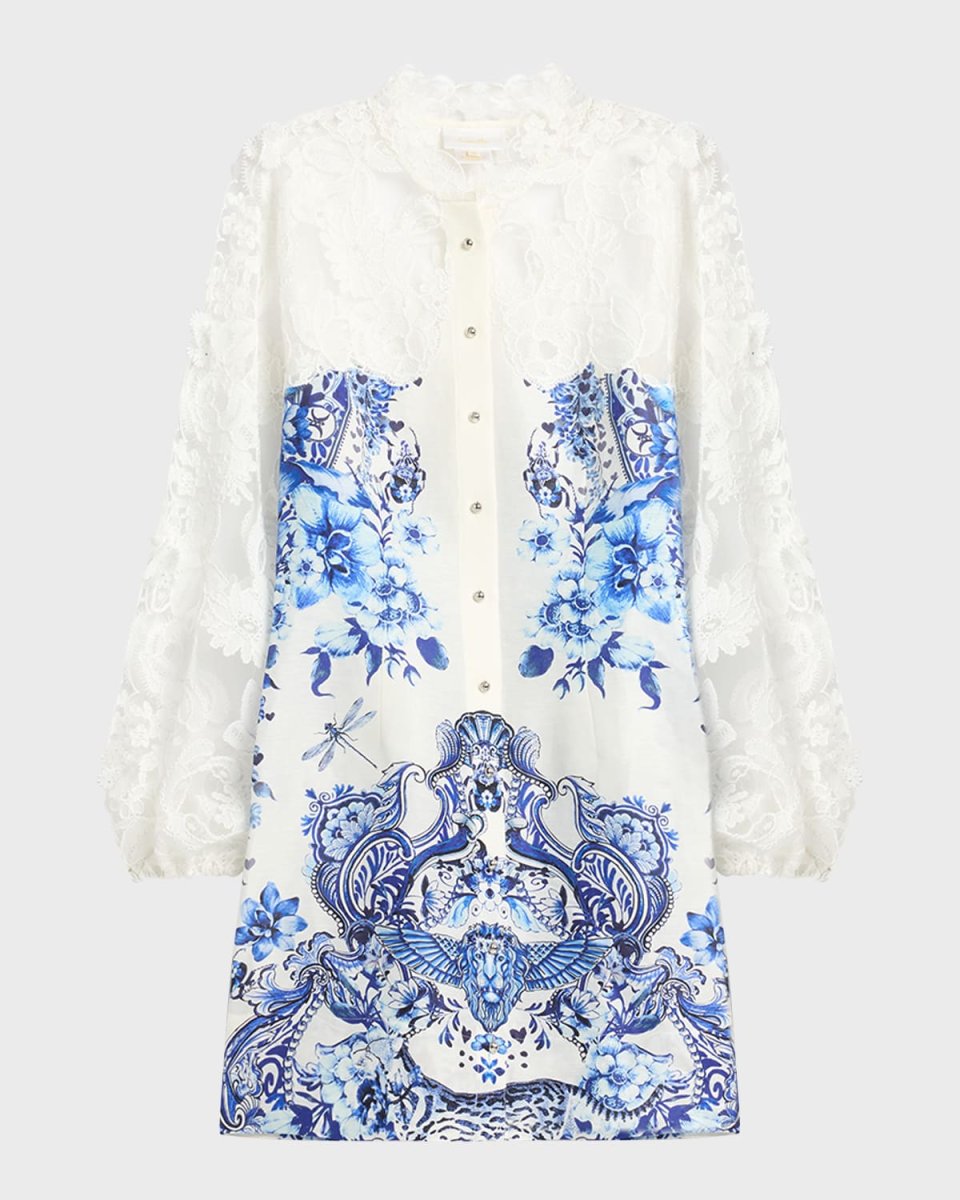 Butterfly Lace-Sleeve Button-Front Mini Dress