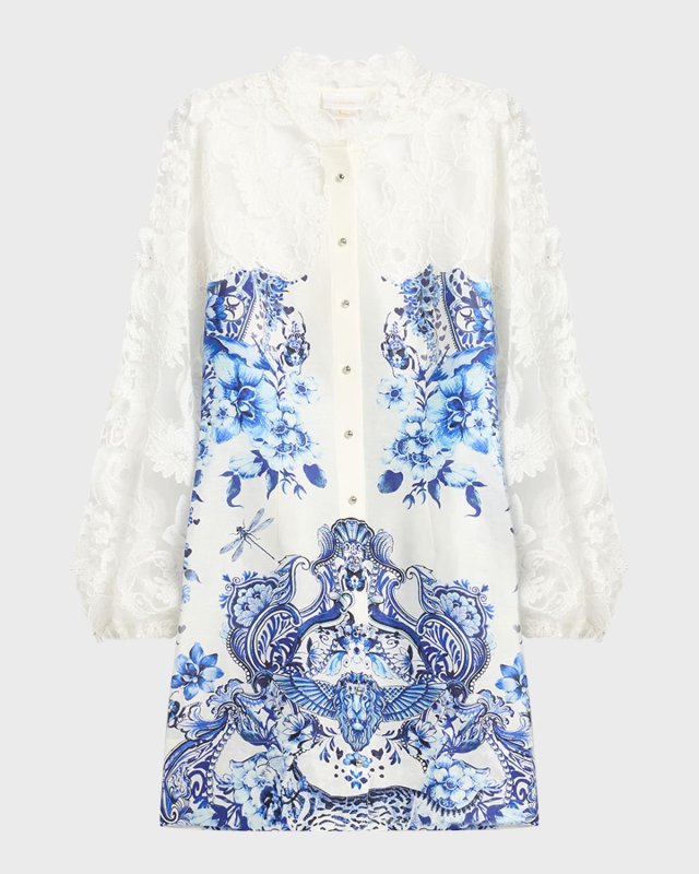Butterfly Lace-Sleeve Button-Front Mini Dress