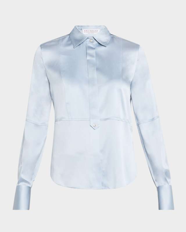 Bib-Front Long-Sleeve Stretch Satin Shirt