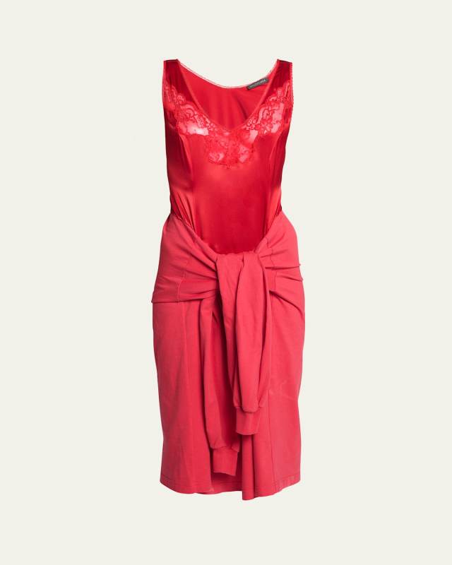 Hybrid Lace Tie-Waist Slip Midi Dress