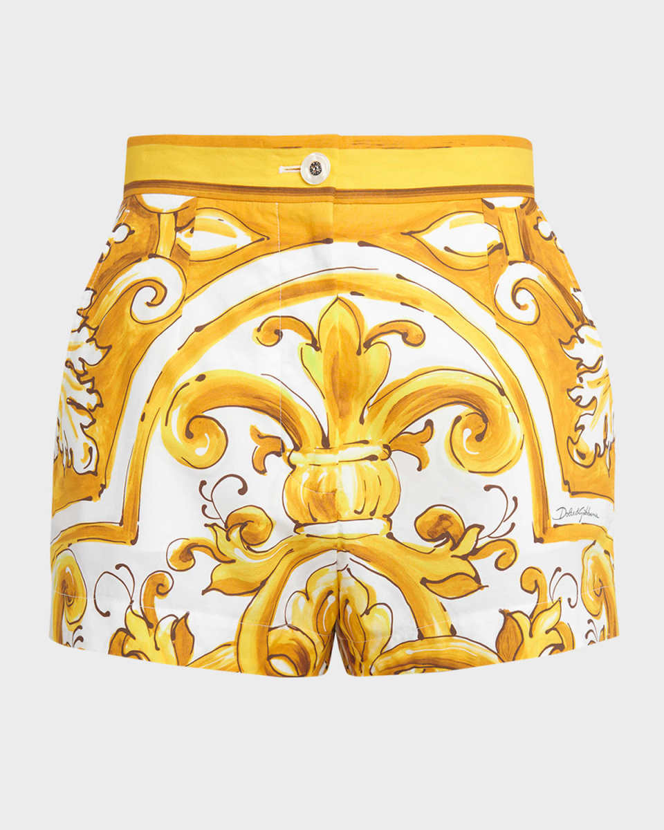 Cotton Popeline Brocade Print Mini Shorts with Frontal French Pockets
