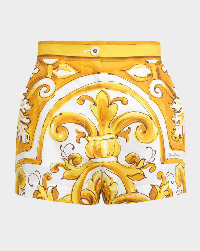 Cotton Popeline Brocade Print Mini Shorts with Frontal French Pockets