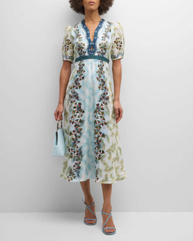 Tabitha Printed Silk Puff-Sleeve Midi Dress
