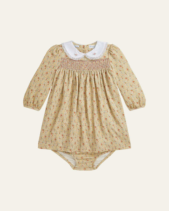 Girl's Micro-Floral Print Collared Dress W/ Bloomers, Size 3M-24
