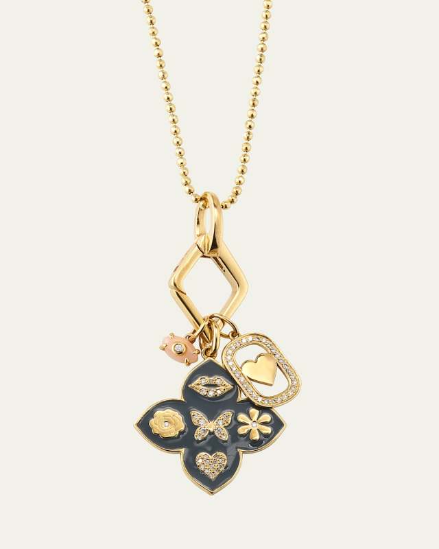14K Yellow Gold Enamel Icon Moroccan Flower Pendant Necklace with Diamonds
