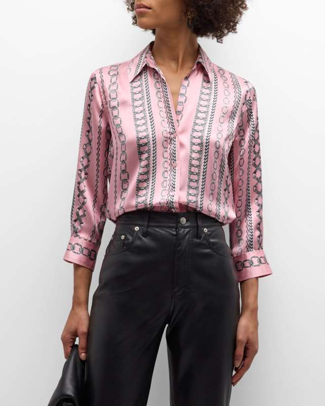 Dani Chain-Print Button-Front Silk Blouse