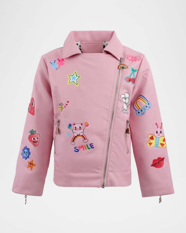 Girl's Vegan Leather Moto Jacket W/ Graphic Doodles, Size 2-14