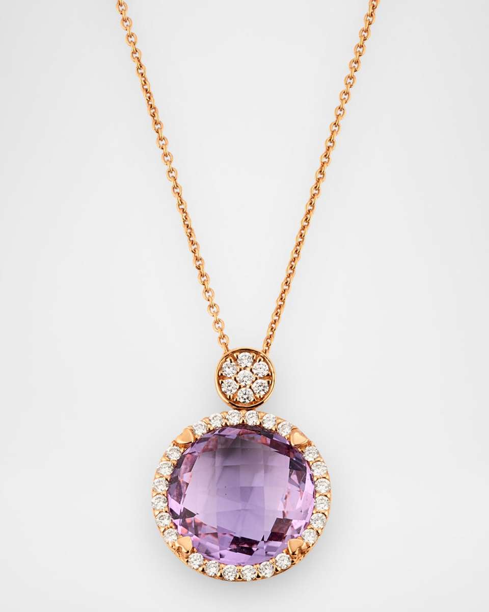 Rocks 18K Rose Gold Petite Amethyst Diamond Halo and Disc Bail Pendant Necklace