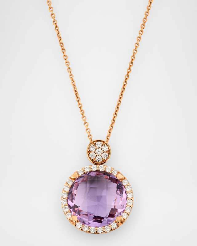 Rocks 18K Rose Gold Petite Amethyst Diamond Halo and Disc Bail Pendant Necklace