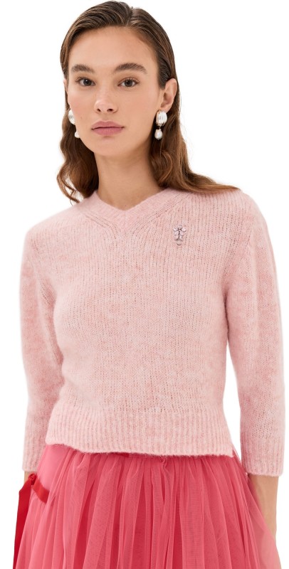 Simone Rocha Cropped V Neck Alpaca Knit Sweater Chocolate Ombre/Jet