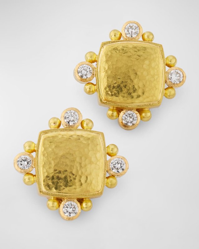 19K Yellow Gold Medium Square Cushion Diamond Earrings