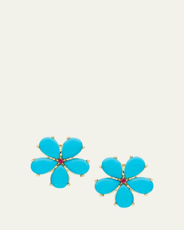 18k Turquoise Ruby Flower Statement Earrings