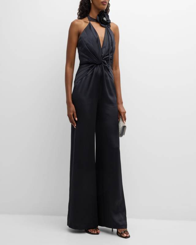 Angelina Pleated Twist-Front Halter Jumpsuit