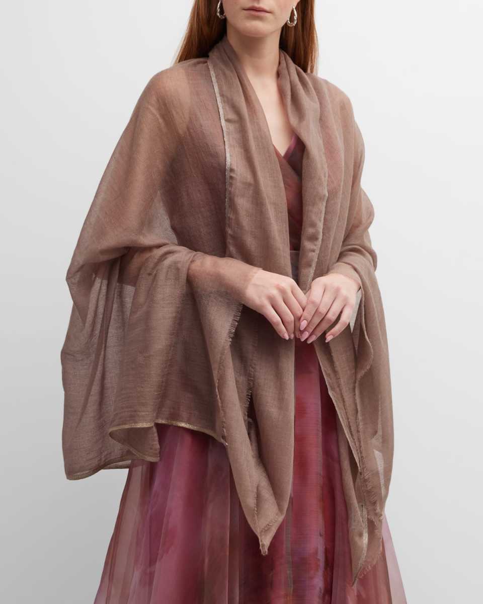 Sheer Evening Scarf With Metallic Stripe Border