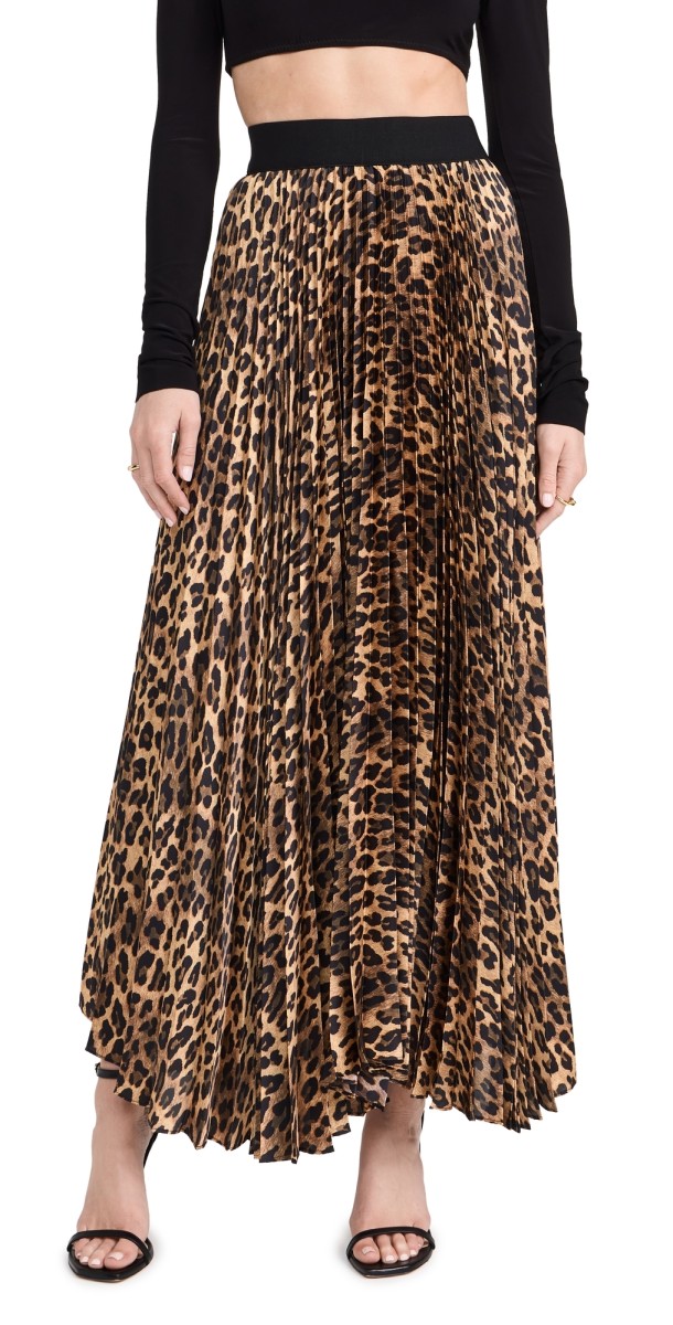 alice + olivia Katz Pleated Maxi Skirt Spotted Leopard Dark Tan